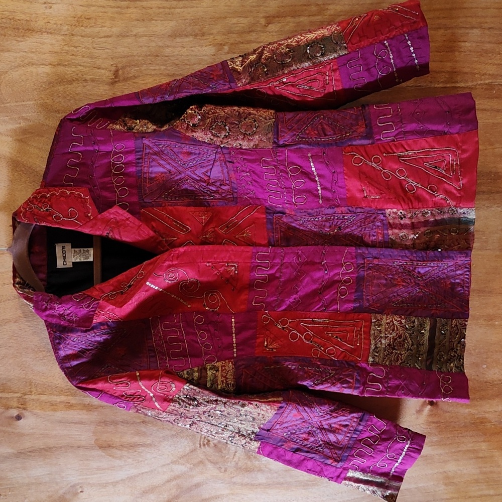 Chico's Boho Patchwork Woodbury Embroidered Jacket Red Purple Gold Silk Blend 8
